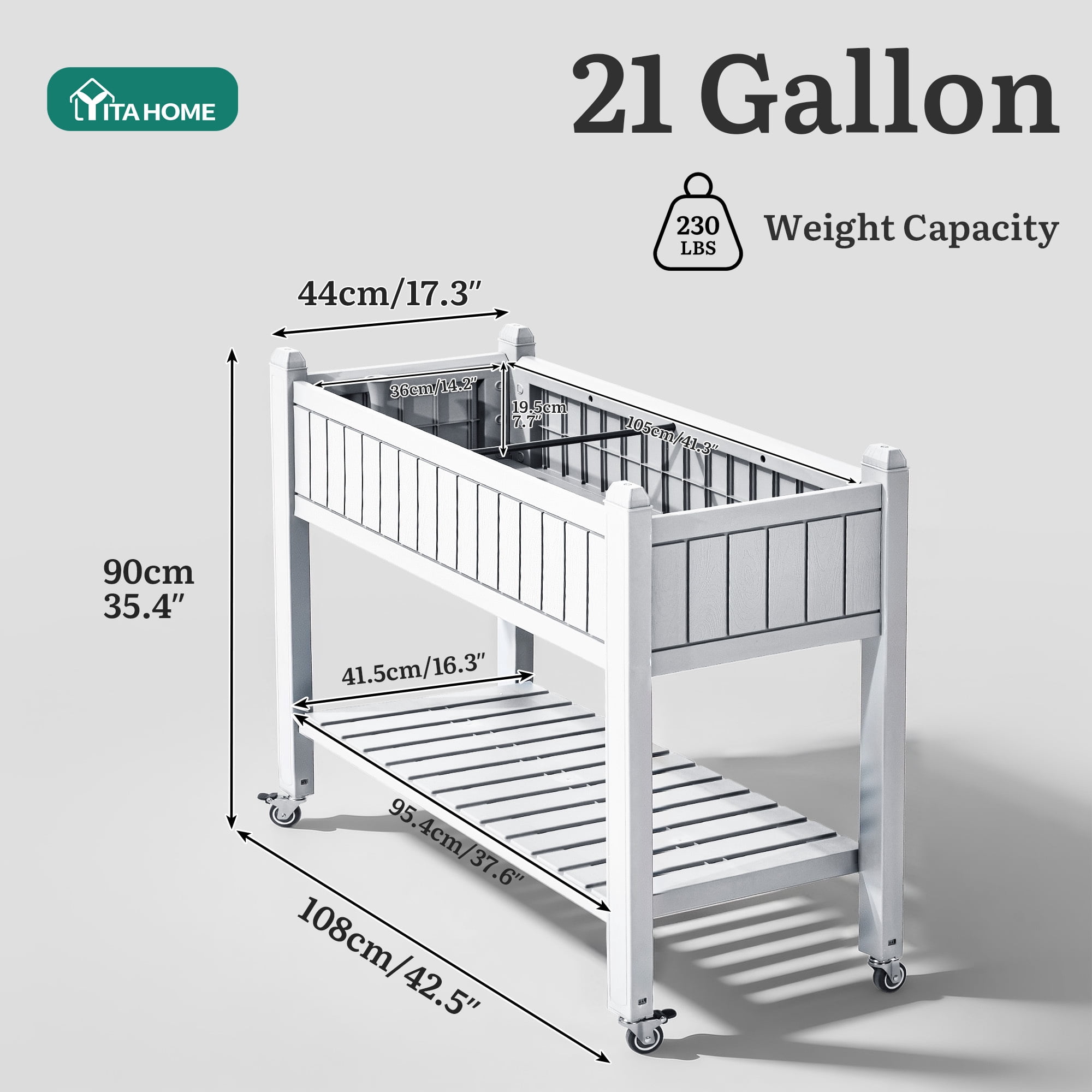 Uforic Mobile Raised Garden Bed 42.5x17.3x35.4 in, Elevated Plastic Planter Box with Drain Plug, Storage Shelf & Wheels, Sliver