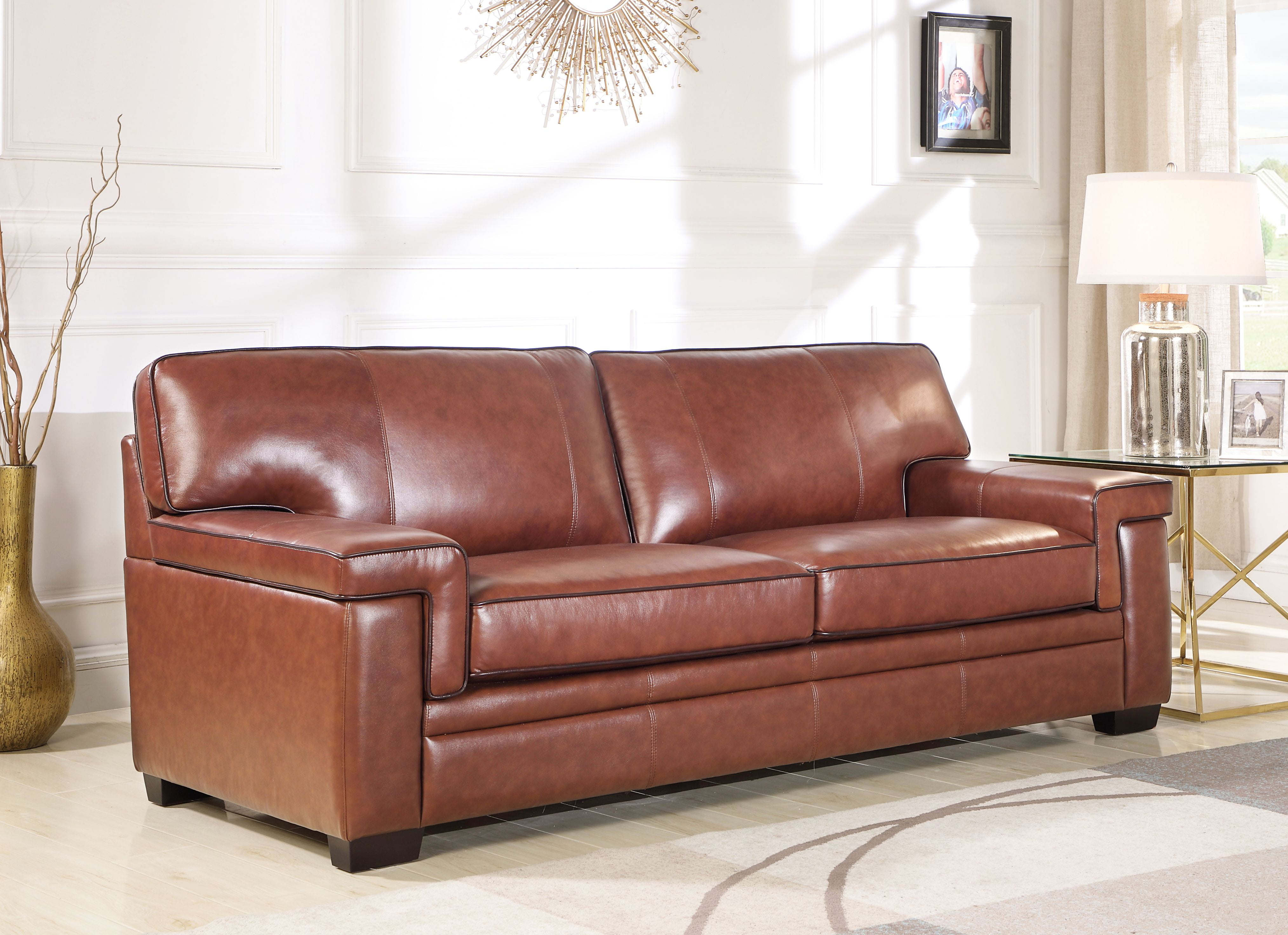 abbyson hamilton top grain leather dark camel sofa