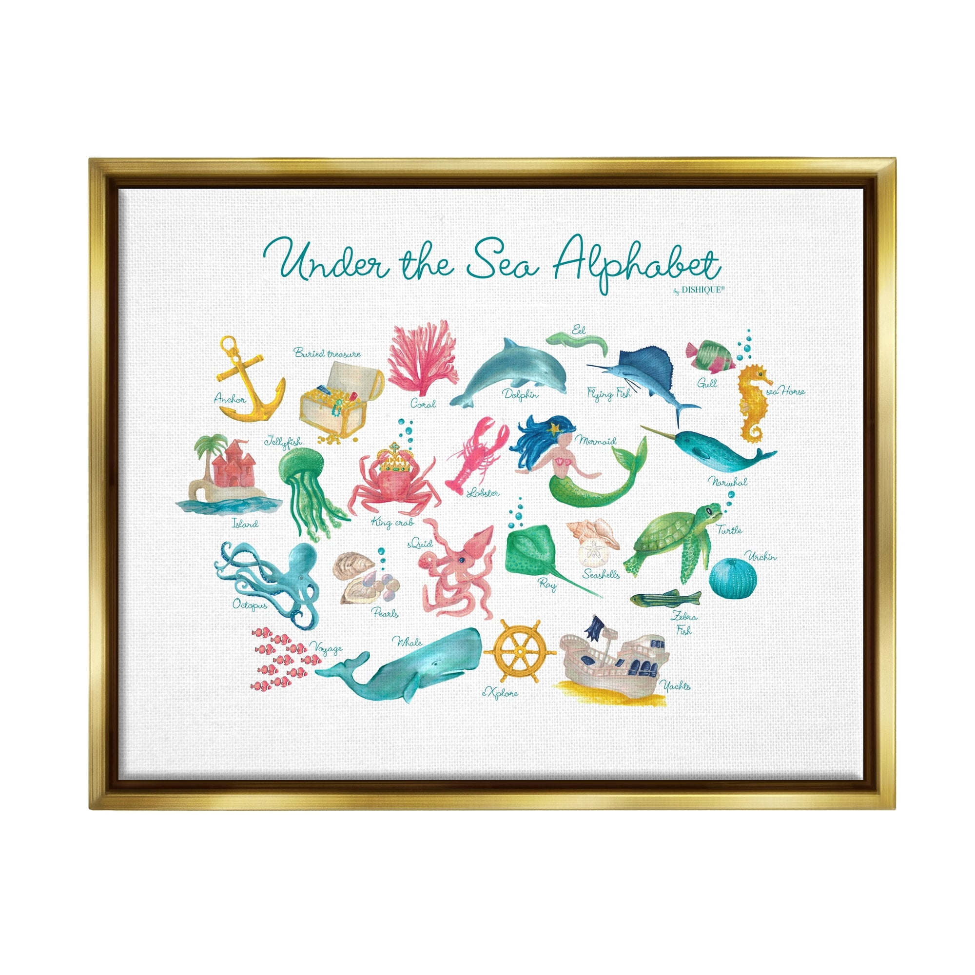 Stupell Industries Under the Sea Educational Alphabet Sea Life Learning Graphic Art Metallic Gold Floating Framed Canvas Print Wall Art, Design by Dishique