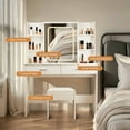 thumbnail image 3 of Vanity Desk with Mirror and Lights, Makeup Vanity with 2 Drawers and 6 Storage Shelves, 3 Lighting Modes Adjustable Brightness, Vanity Set with Cushioned Stool for Bedroom, 3 of 7