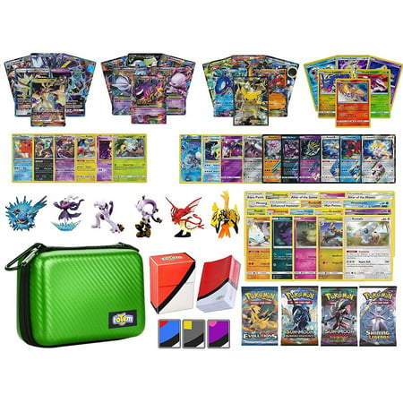 Totem World Pokemon Premium Collection 100 Cards with GX Mega EX Shining Holo 10 Rares 4 Booster Pack - 100 Sleeves - Green Card Case - Deck Box and (Best Pokemon Booster Pack Get Ex Cards In)