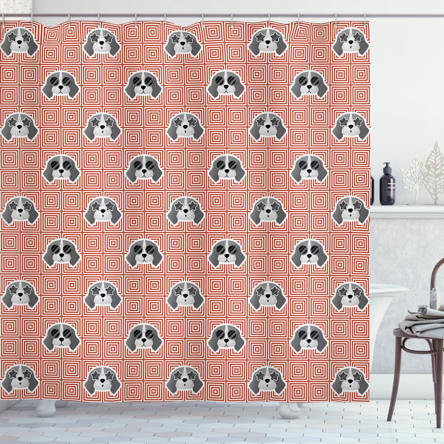 Dog Shower Curtain, Beagle Puppies with Sunglasses Abstract Geometric Pattern Checkered Squares