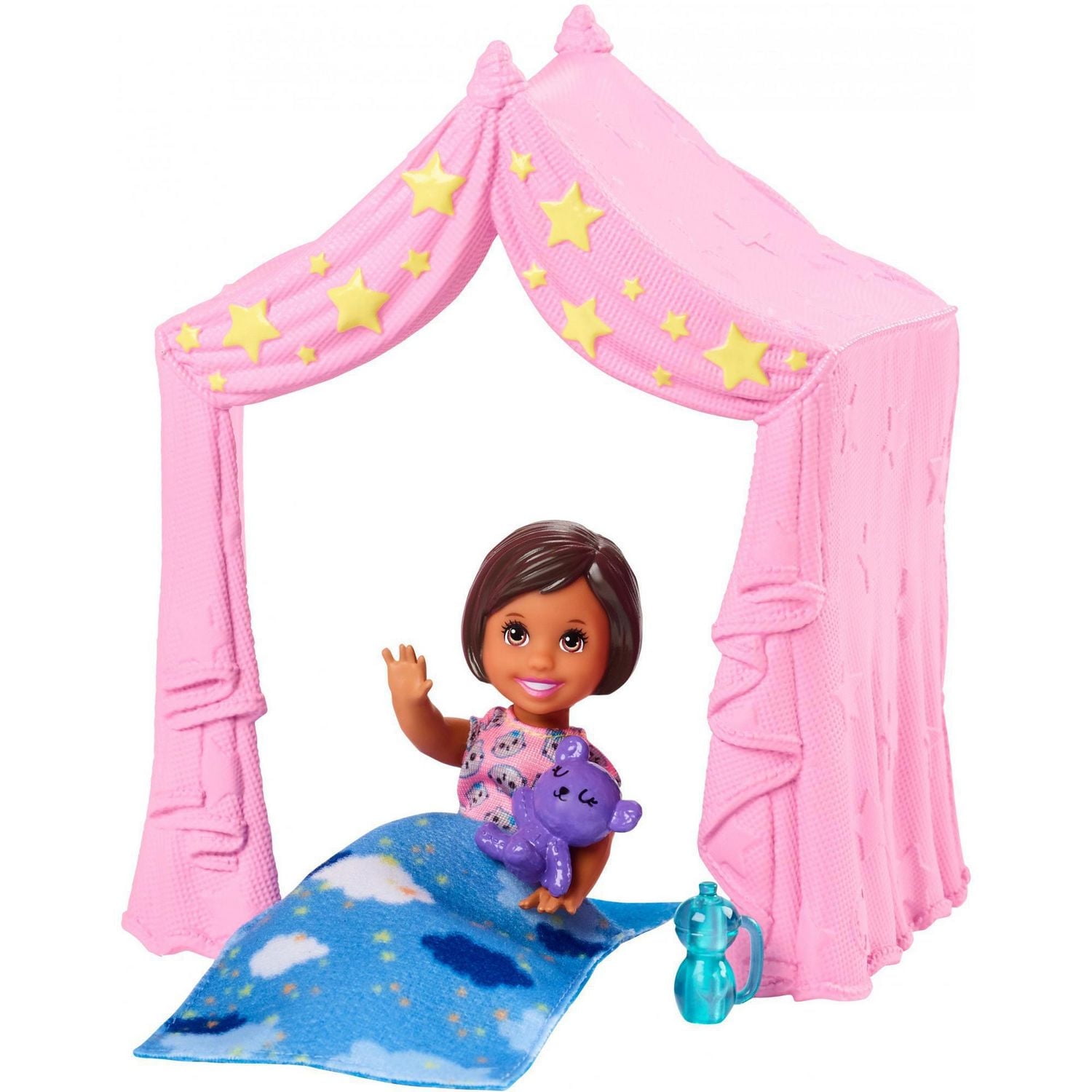 Poupée et coffret de jeu Barbie Skipper Babysitters Inc. avec poupée jeune enfant, tente et sac de couchage