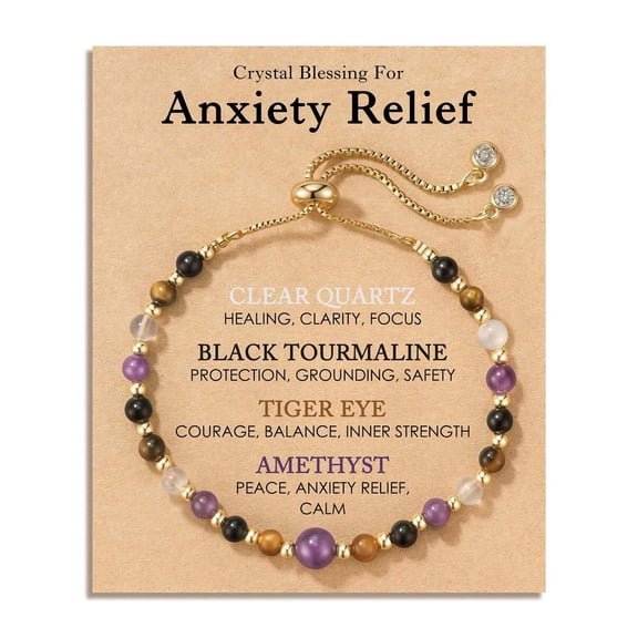 Anxiety Relief Healing Stone Beaded Bracelet In Goldtone With Adjustable