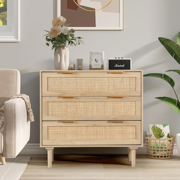 LAZZO 3-Drawer Boho Dresser, Modern Accent Chest of Drawers for Bedroom and Living Room, Natural Wood Color