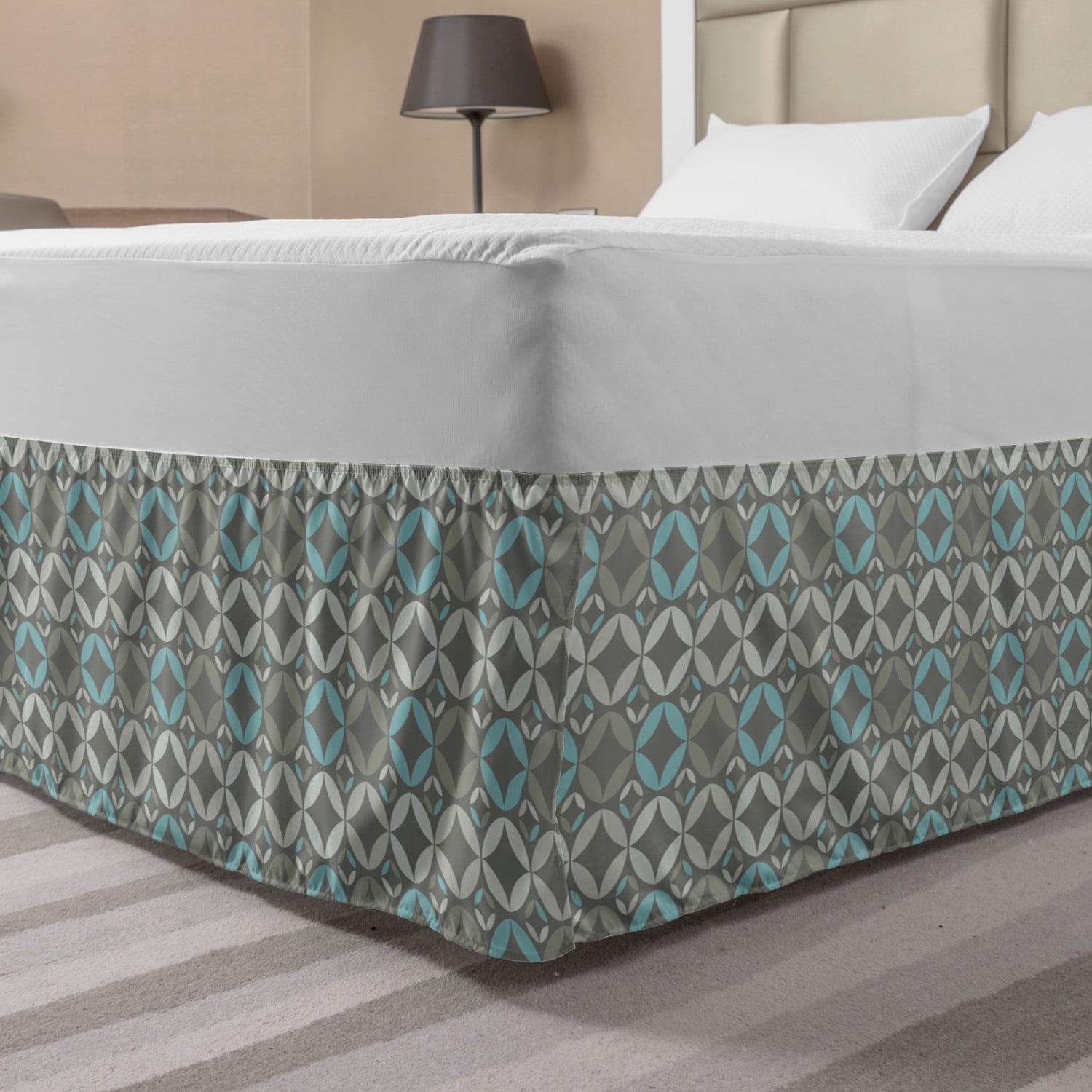 Grey and Blue Bed Skirt, Retro Styled Abstract Overlapping Circles with Color Details, Elastic