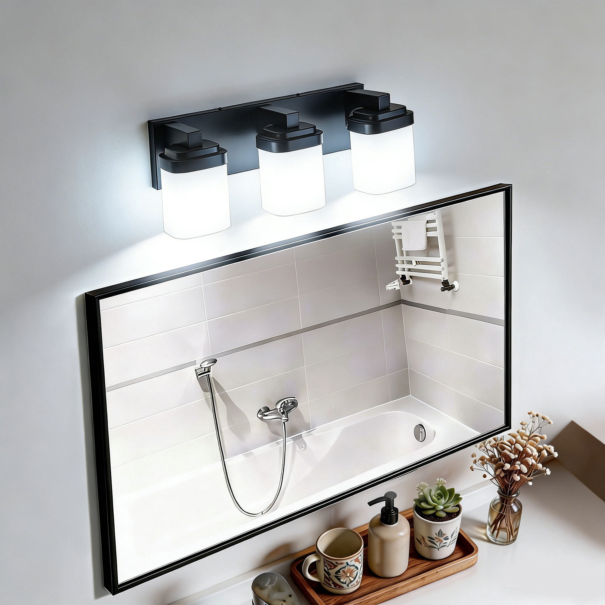 Bathroom Light Fixtures Over Mirror, 3-Light Modern Matte Black Vanity Lights with White Frosted Glass Shade, Bathroom Wall Lamp Sconces for Mirror Bedroom, Living Room Hallway Small Space