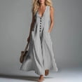 thumbnail image 2 of Makaor Linen Dress for Women A Line Button Maxi Dresses Plus Size Sleeveless Dress Striped V Neck Beach Vacation Clothes with Pockets Black XL, 2 of 7