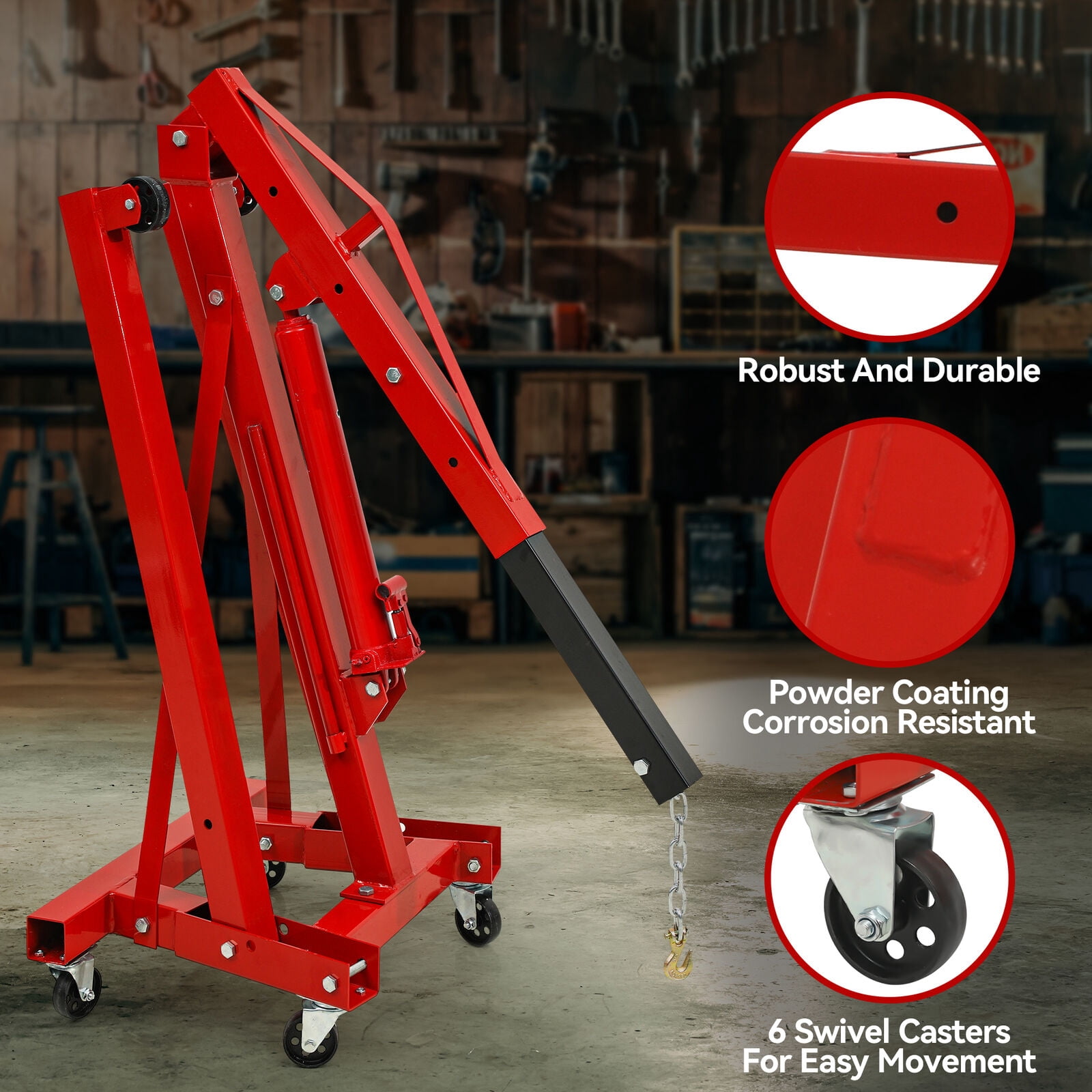 RVNI 4400lb 2 Ton Folding Engine Crane Folding Shop Crane with Telescopic Boom Heavy Steel