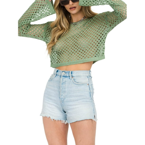Lucakuins blusas de verano para mujer blusas recortadas de ganchillo tejidas blusa transparente camisa corta de manga larga para ropa de discoteca