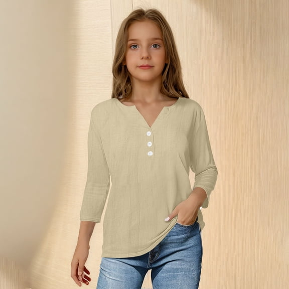 BRGZLK Summer 3/4 Sleeve T-Shirts for Girl Trendy Solid Color Imitation Cotton and Linen V-Neck Button Holiday Relaxed Fit Tees Beige 13-14 Years