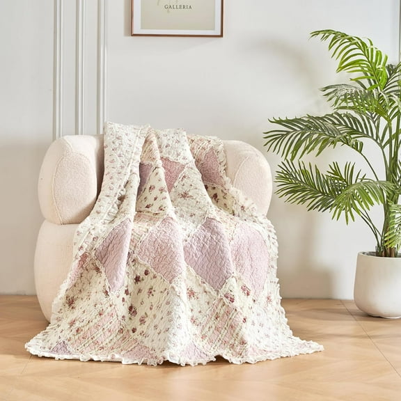 DaDalogy Cotton Patchwork Throw Blanket - Floral Cottage Quilted Reversible Blush Pink & Cream Shabby Chic Botanical Ruffle Design - Vintage Garden Rose Pastel Accents - 50 x 60
