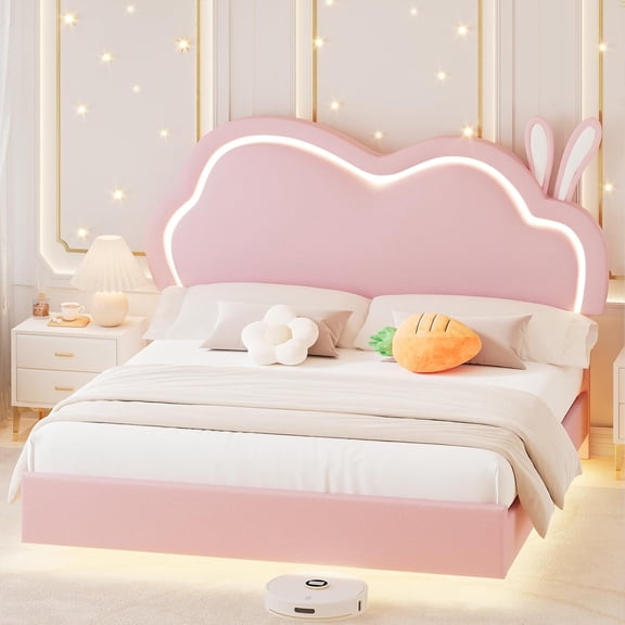 Merluxy Floating Full Bed Frame with Adjustable LED Headboard, Leather Upholstered Platform Bed Frame with Wood Slats Support, Easy Assembly, Pink
