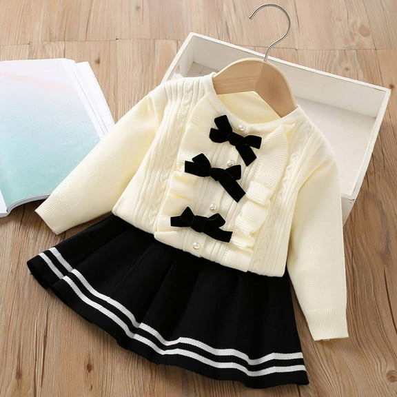 NAISIBABY Girls Outfit Sets(1-7T), Cute Bowkmot Sweater and Striped Skirt Fall Winter Warm Knit Outfit 2-Piece Black 6T