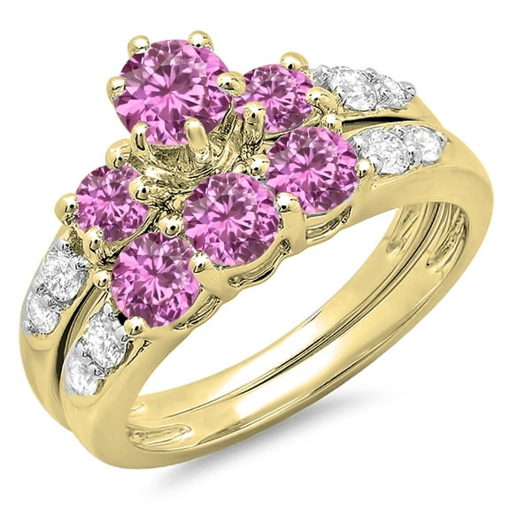 Dazzlingrock Collection 10K Round Pink Sapphire & White Diamond 3 Stone Bridal Engagement Ring Set, Yellow Gold, Size 7