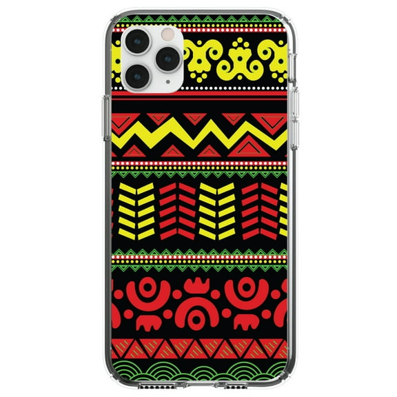 DistinctInk Clear Shockproof Hybrid Case for iPhone 12 MINI (5.4" Screen) - TPU Bumper, Acrylic Back, Tempered Glass Screen Protector - Black Yellow Red Aztec Tribal