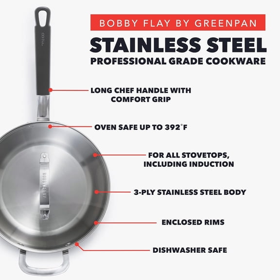 x Bobby Flay Stainless Steel 3.75QT Saucepan & Glass Lid, Professional Grade Tri-Ply Chefs Pan, Multiclad, Induction Suitable, Dishwasher & Oven Safe, Stay Cool Silicone Handle,Chip Free Rims