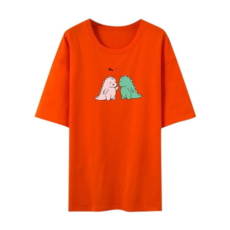 

HTNBO Women Print Tops 2023 Casual Short Sleeve Loose Fit Crew Neck Summer Shirts Corset Tops Orange L
