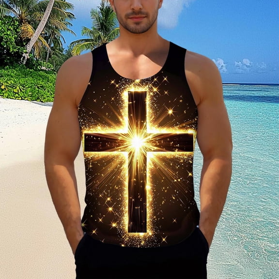 Gamivast Workout Shirts Cross Waves Print Mens Sleeveless Shirts Crew Neck Gym Shirts Breathable Lightweight Quick Dry Religious Summer Beach