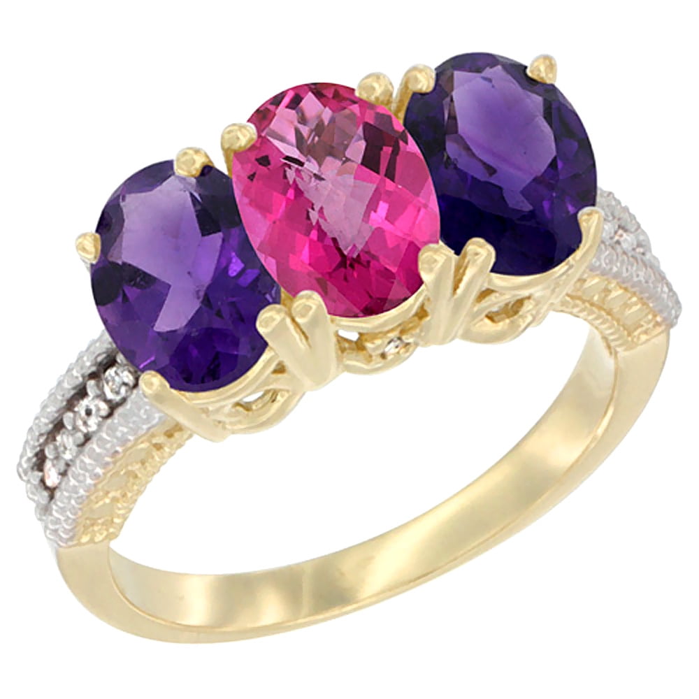 14K Yellow Gold Natural Pink Topaz & Amethyst Ring 3-Stone 7x5 mm Oval Diamond Accent, sizes 5 10 by WorldJewels