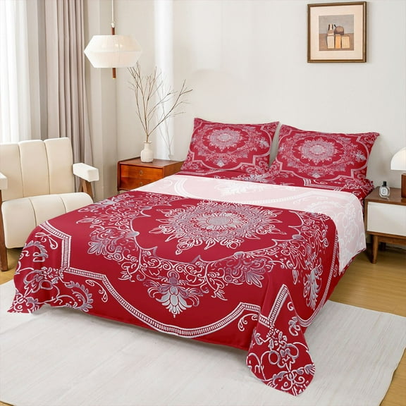 Manfei Female Men Red White Mandala 3pcs Twin Sheet Sets,Bohemian Theme Twin Fitted Sheet,Exotic Style Breathable Flat Sheet,Microfiber Bedroom Decor