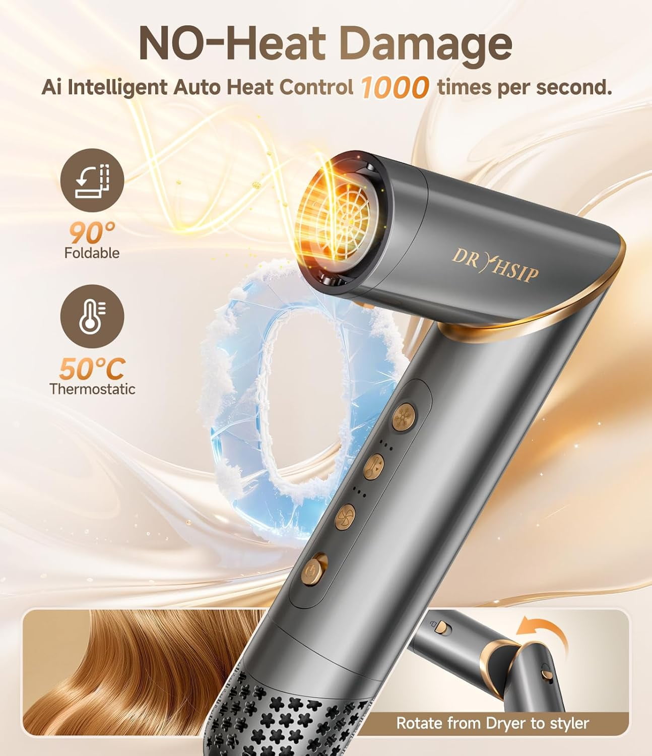 8-in-1 Hair Dryer Brush & Styler – High-Speed 110,000 RPM Negative Ionic Air Curler, Foldable Hot Air Hair Dryer with Multiple Attachments for Curling, Straightening & Volumizing