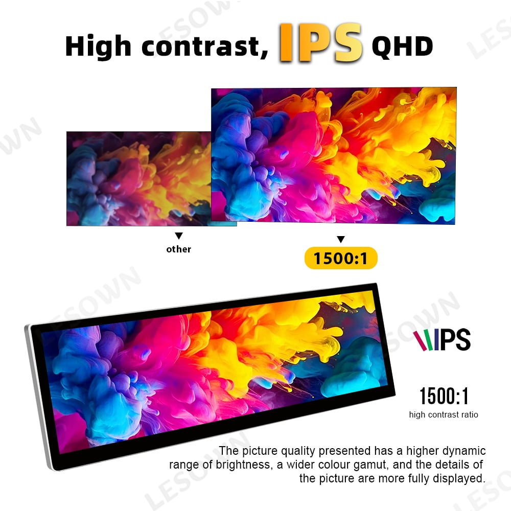 LESOWN 2.5K 14.5-inch Portable Monitor HDMI Dual Type-C Long Strip Touchscreen 2560×720 IPS 10-point Touch Stereo Speakers Laptop Secondary Screen for Raspberry Pi 5 Windows 11 Linux Plug & Play