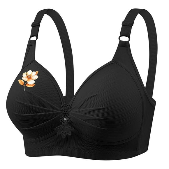 FAVIPT Women Wireless Bras Breathable Push Up Daily Bras Adjustable Floral Print Bralettes Comfort Senior Underwear Black,XL