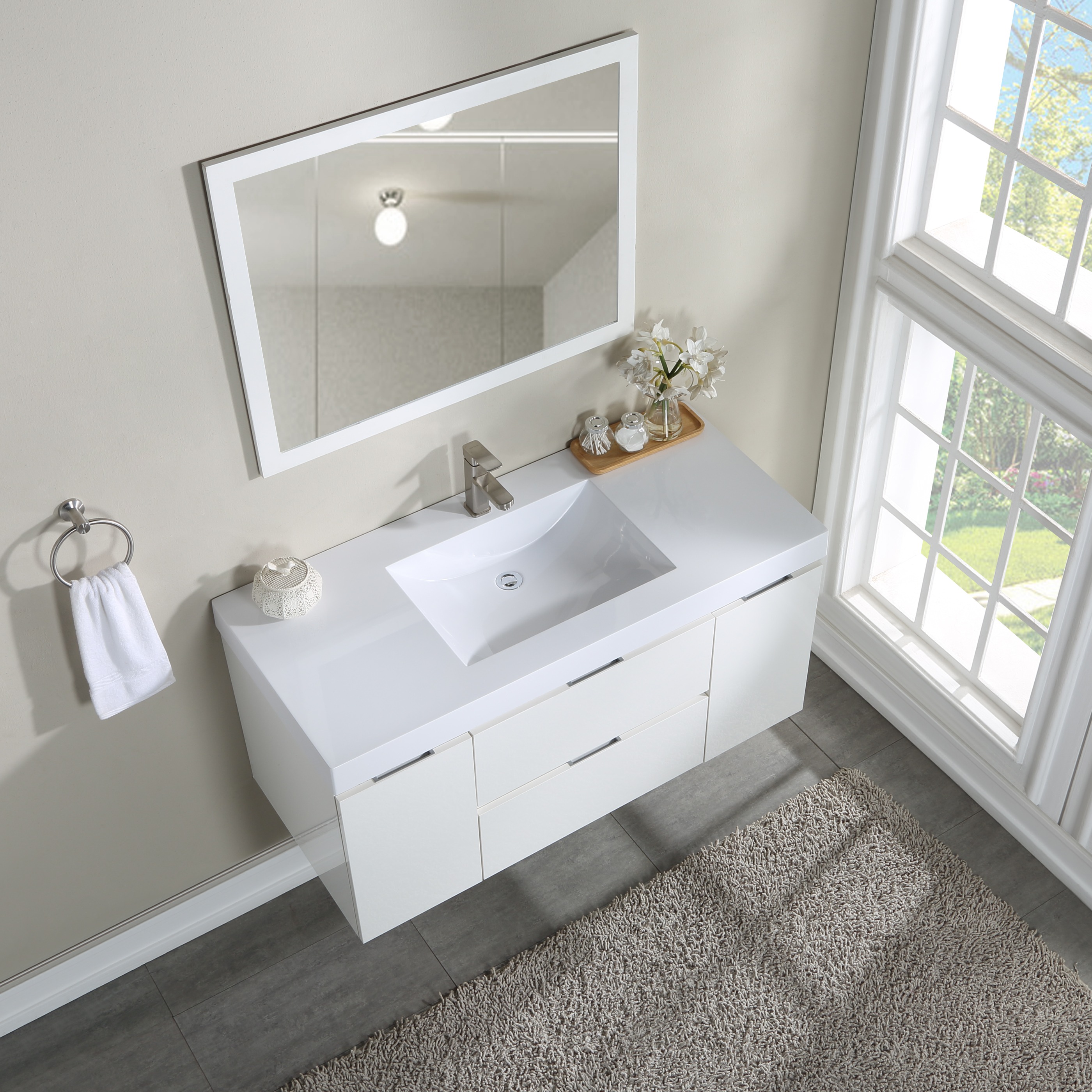 Stufurhome Valeria Walnut 59 inch Wall Mounted Double Sink Bathroom Vanity,  No Mirror 