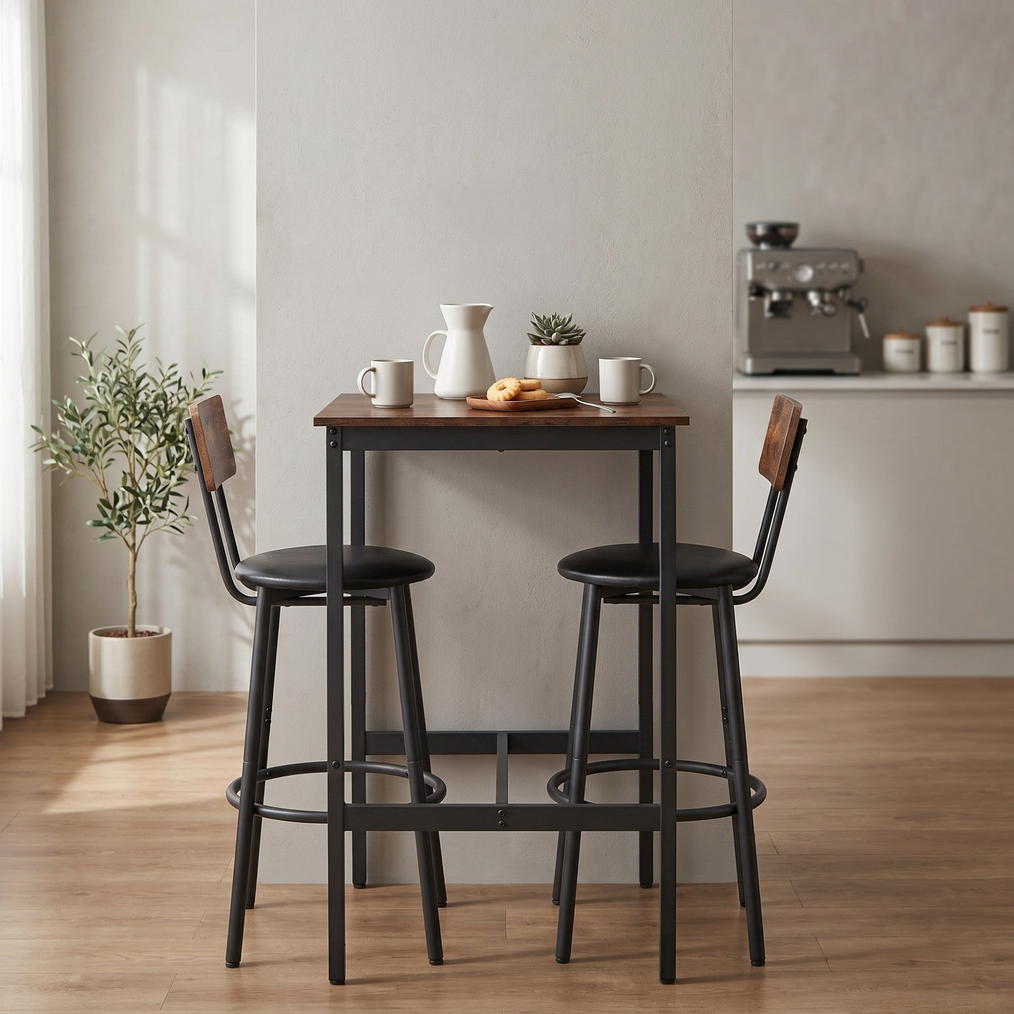 Sailvan Bar Table Set with 2 Stools, PU Soft Seat with Backrest