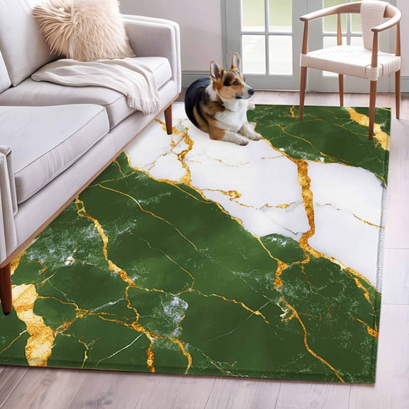 Rectangle Area Rug 4x6ft, Sage Green Marble Non-Slip Non-Shedding Floor Mat, Gold Foil Abstract Stripes Washable Sturdy Carpet for Living Room Bedroom Home Decor