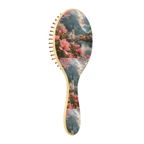 Natural Wooden Round Hair Brush - Wooden Cushion Massage Comb for Straight and Curly Hair, Promotes Scalp Blood Circulation,Flowers and The House