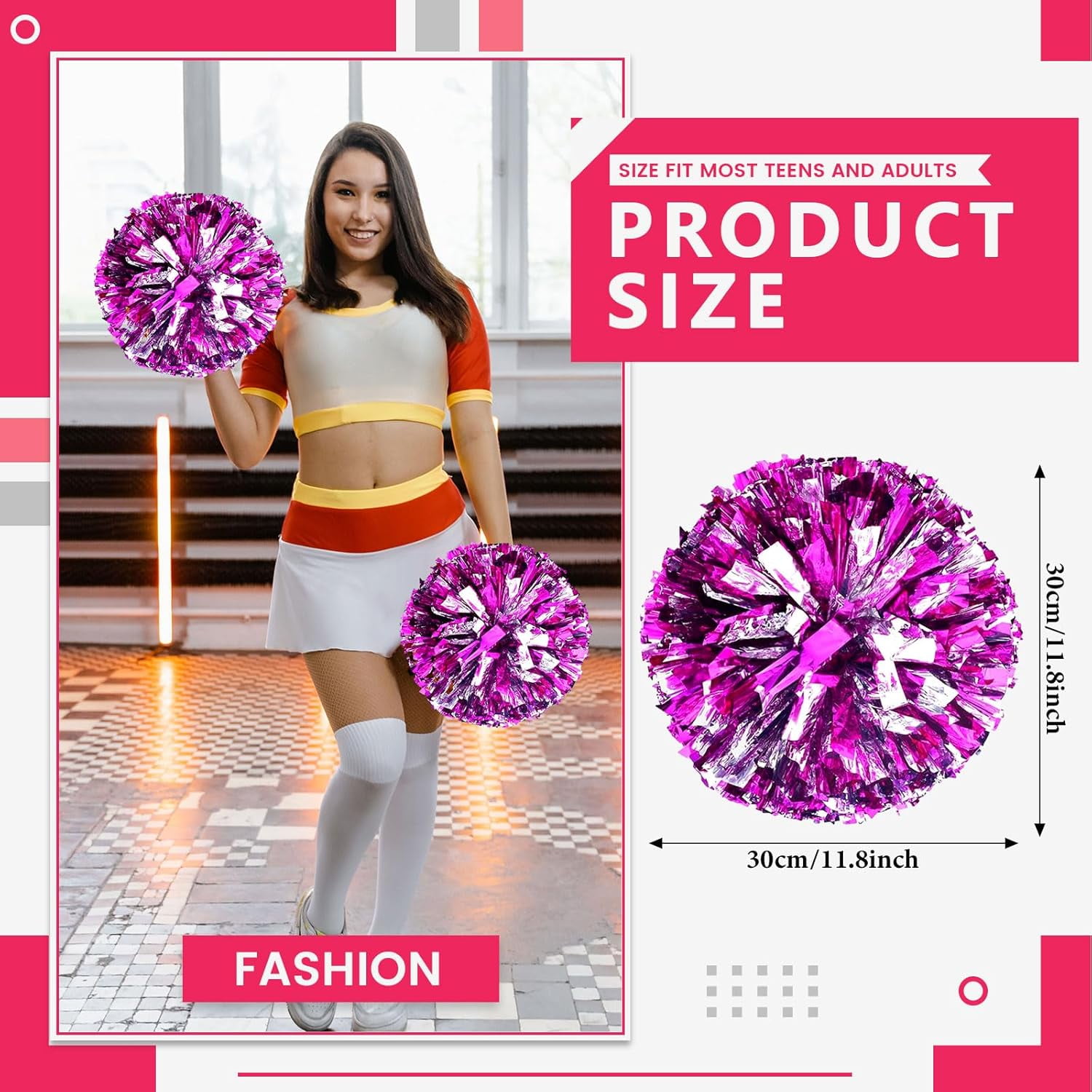 Cheerleader Pom Poms 24 Pack Sports Dance Cheering Plastic Metallic Cheerleading Pom Poms for Kids Adults-Ring Style