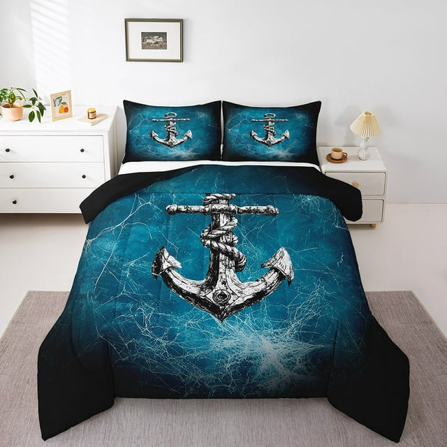 Nautical Anchor Comforter Set Queen Size 3 Pcs,Navigation Ocean Adventure Theme Psychedelic Bedding Set,Spider Web Mystic Trippy Teal Black Quilt Set for Young Adults,2 Pillowcases