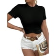 thumbnail image 3 of Women'S Crew Neck Crop Tops Waffle Short Sleeve T Shirts Tasseled Hem Casual Knit Top Black S, 3 of 9