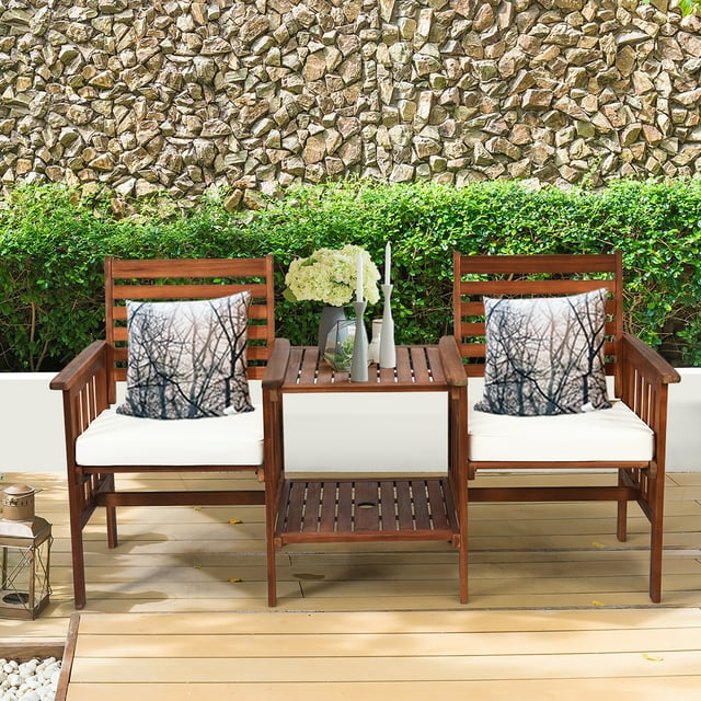 Costway Patio Loveseat Conversation Set Acacia Wood Chair Coffee Table Cushioned White