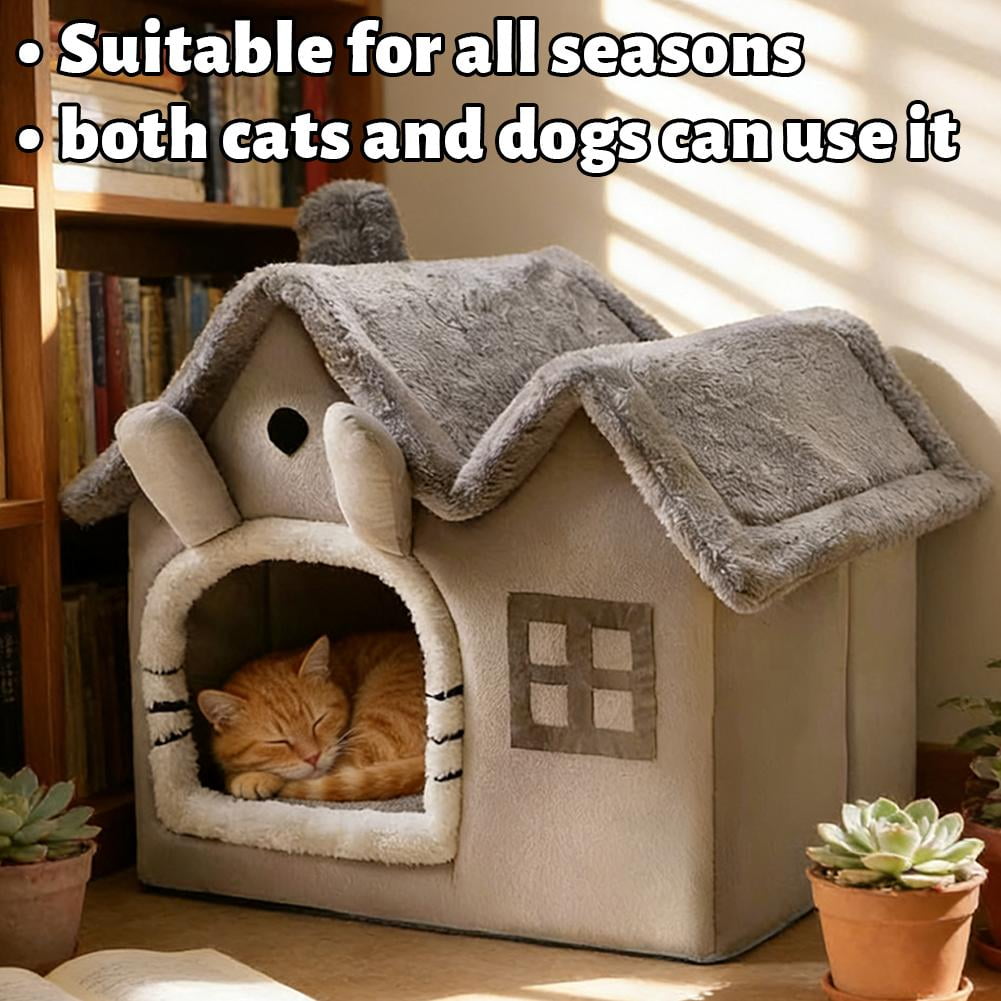 Pekkaxy Foldable Cat Bed, 13 x 12 x 11.8 Inch Gray Cave, Thick Coral Fleece for Indoor Winter Warmth and Security