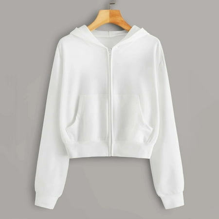 Aayomet Womens Zip Up Cropped Hoodie Casual Workout Crop Sweatshirt Hoodes Tops With Pockets White,M