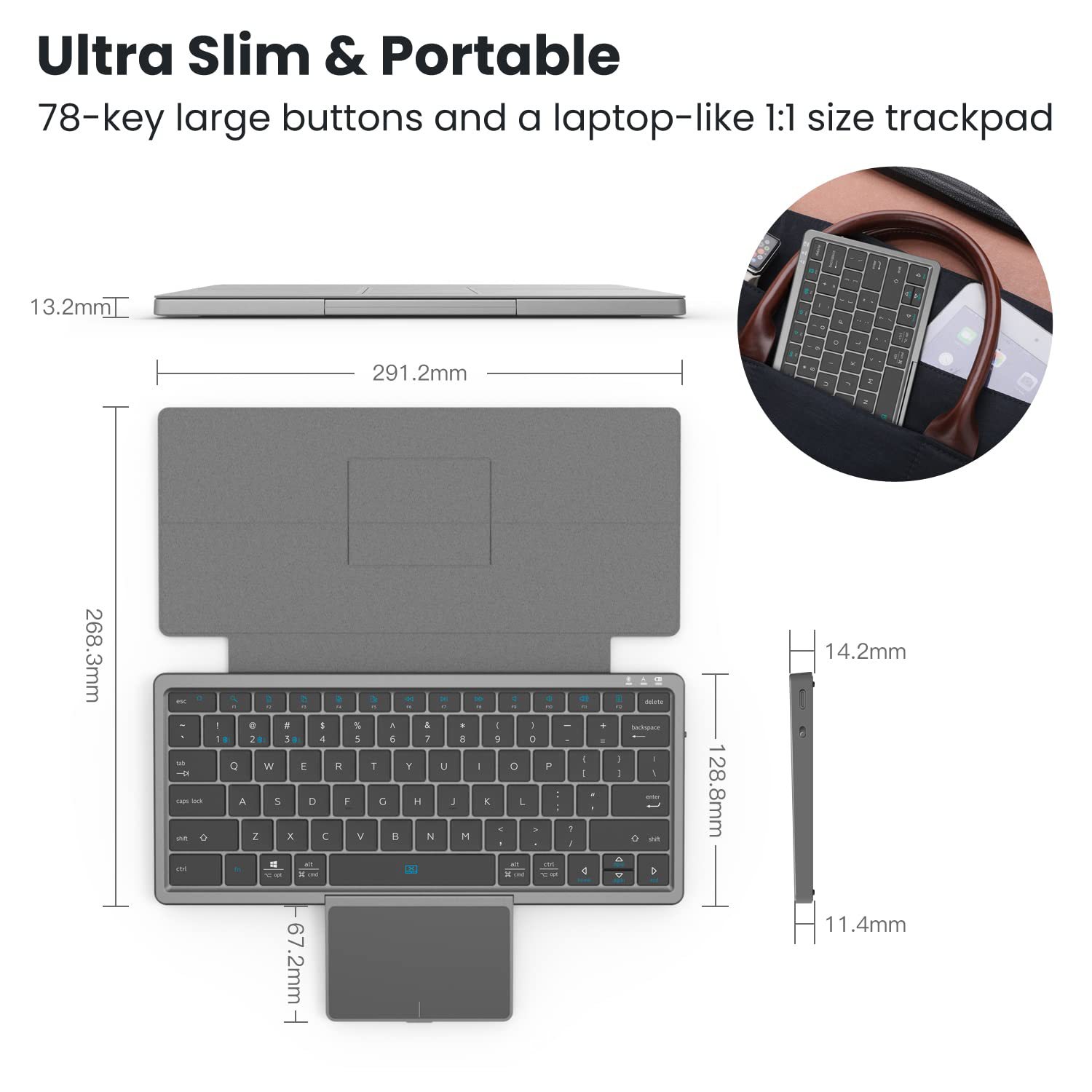 MiFuny Wireless Bluetooth Keyboard Tablet Phone Computer with PU Leather Hidden Touchpad Bluetooth Portable Keyboard