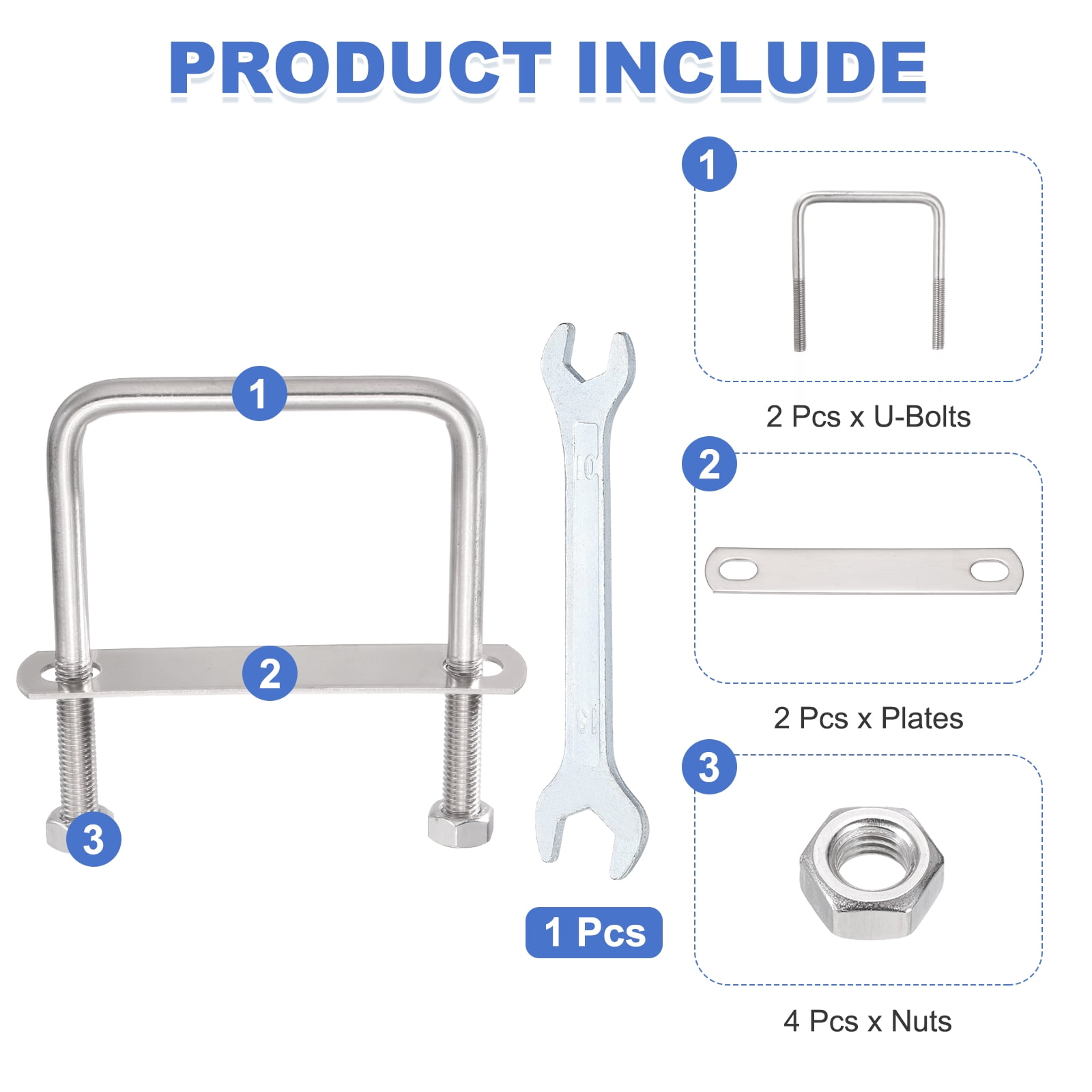 Uxcell 2 Sets M10 Square U-Bolts, 3.58" Inner Width 3.94" Length 304 Stainless Steel U Clamp Bolts with Nuts, Plates and Wrench