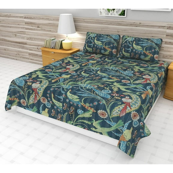 Kantha Quilt Handblock Print Indian Netural Colour floral print Quilt Hand Stitched Natural vegetable dye cotton