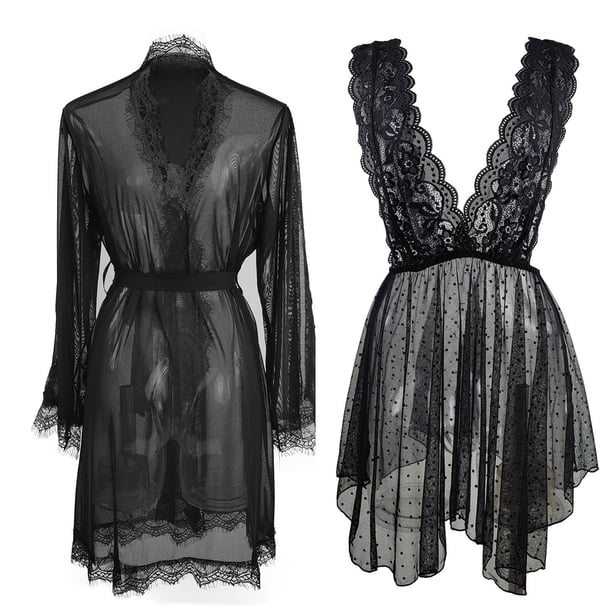 Camisón largo Gibobby lencería de Encaje Sexy 3 uds con cinturón Negro S