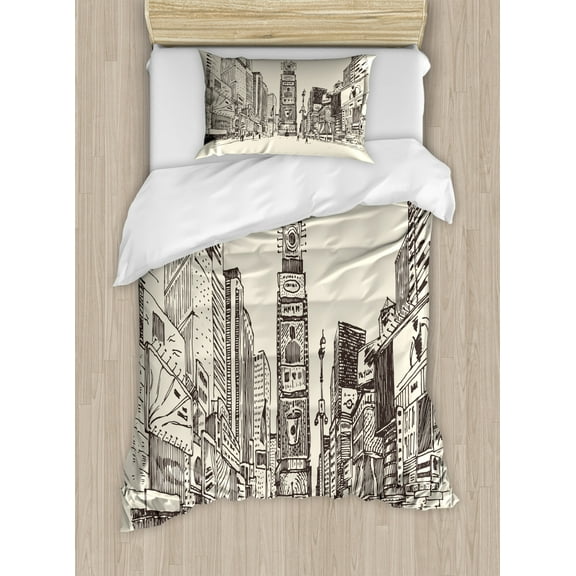 NYC Duvet Cover Set Twin Size, Sketchy Engraving Style Drawing of Times Square Urban Famous Scene Towers Print, Decorative 2 Piece Bedding Set with 1 Pillow Sham, Eggshell Taupe, by Ambesonne