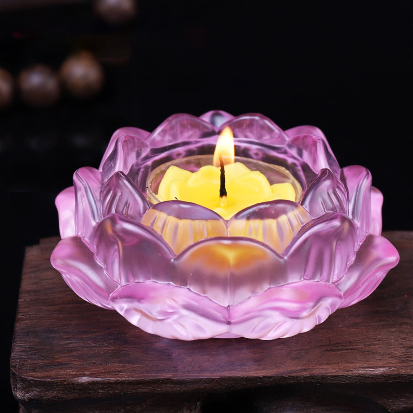 7 Colors Crystal Glass Lotus Flower Candle Tea Light Holder Buddhist Candlestick 