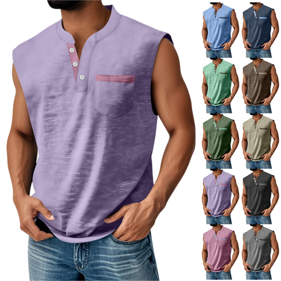 LRGSHF Sleeveless Shirts for Men Henley Tank Tops Soft Lightweight Solid Color Pullover Summer Loose Workout 3-Button Tees with Pockets