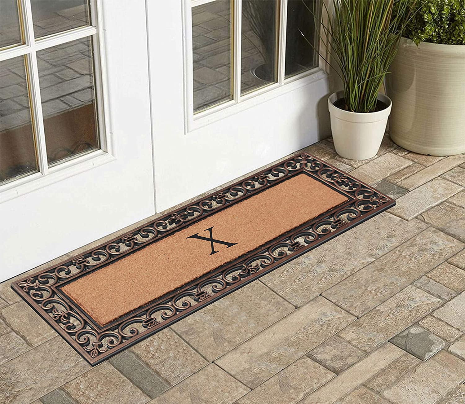 A1HC Rubber and Coir Paisley Border Myla Double Door Monogrammed E Doormat 17.71"X47.25", Bronze