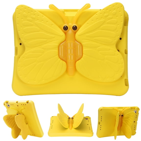 Kids Case for Apple iPad 9th 8th 7th Generation 2021/2020/2019 10.2 Inch, iPad Air 3rd Gen 10.5" Case, Cute Butterfly Rotating Stand Lightweight Kids Friendly Shockproof Case with Pencil Holder,Yellow