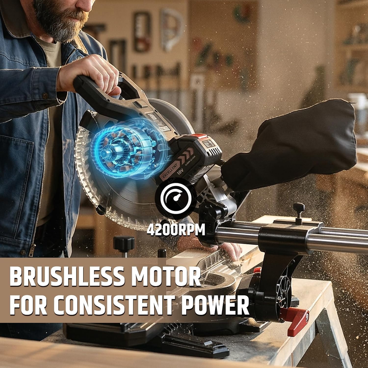 WOODSTARTER Cordless Sliding Miter Saw, Brushless, 4200 RPM, Battery & Charger Included