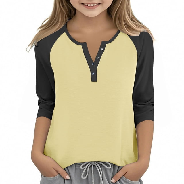 Cowsor Girl's Casual 3/4 Sleeve T Shirts Button V Neck Tunic Blouses Color Block Basic Tee Tops Loose Fit Summer Shirt
