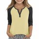 thumbnail image 1 of Cowsor Girl's Casual 3/4 Sleeve T Shirts Button V Neck Tunic Blouses Color Block Basic Tee Tops Loose Fit Summer Shirt, 1 of 6